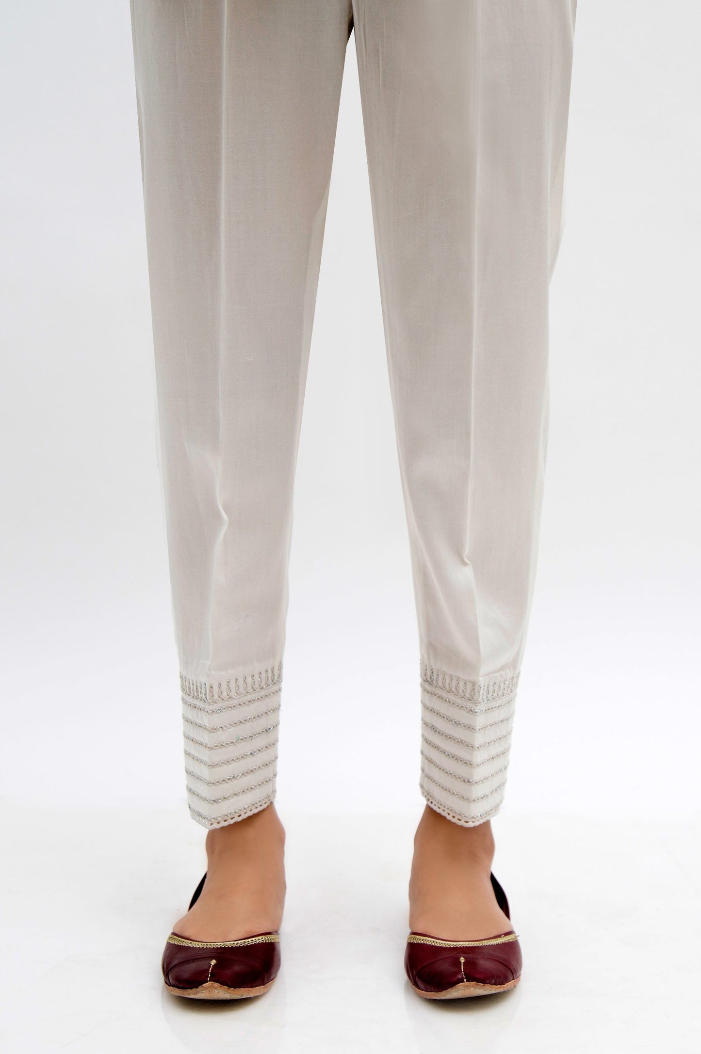 Embroidered Cotton Satin Cigarette Pants  - White