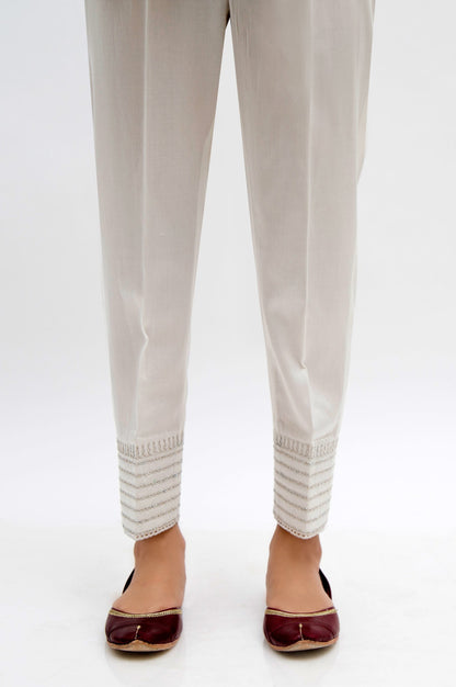 Embroidered Cotton Satin Cigarette Pants  - White