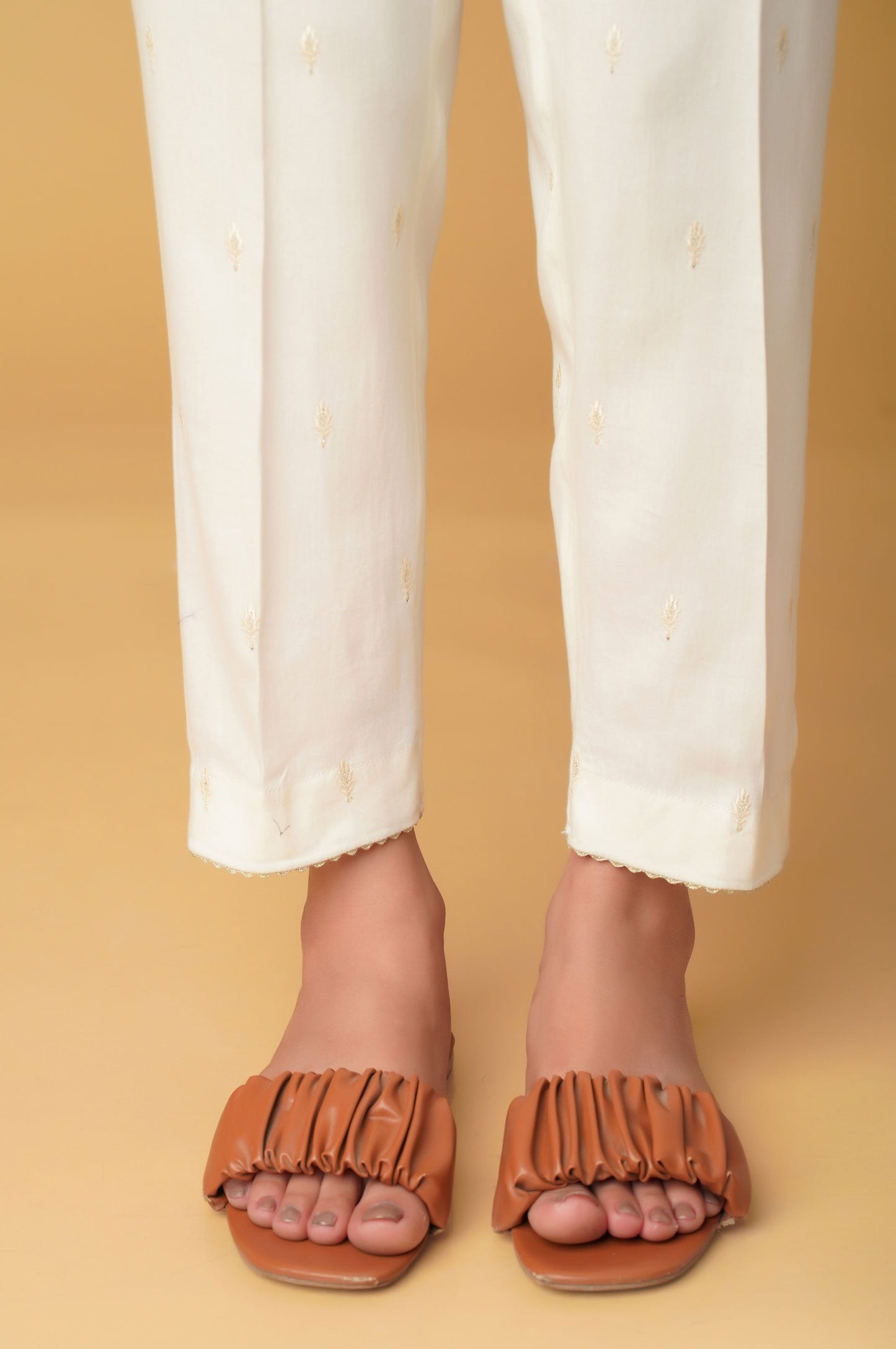 Embroidered Cotton Satin Cigarette Pants - White