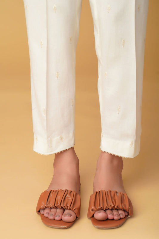 Embroidered Cotton Satin Cigarette Pants - White