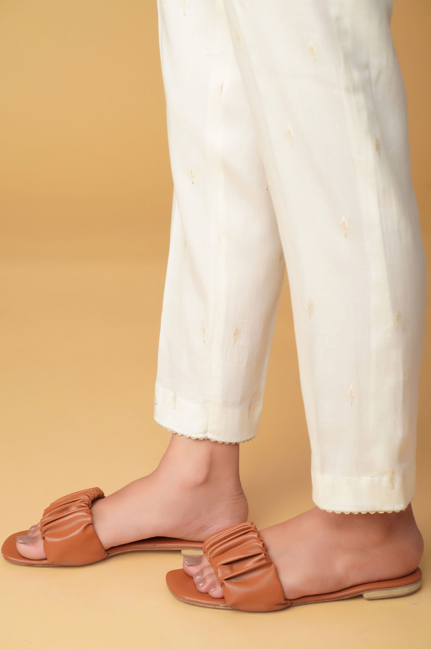 Embroidered Cotton Satin Cigarette Pants - White