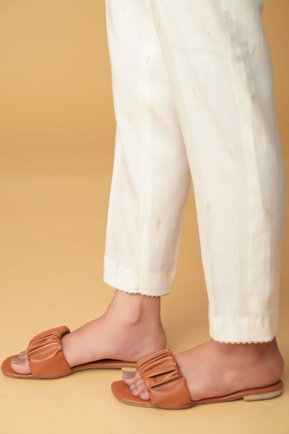 Embroidered Cotton Satin Cigarette Pants - White
