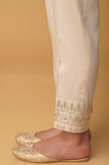 Embroidered Cotton Satin Cigarette Pants - Beige