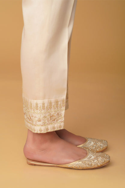 Embroidered Cotton Satin Cigarette Pants - Beige