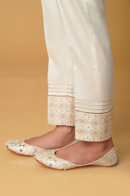 Embroidered Cotton Satin Pants - White