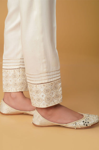 Embroidered Cotton Satin Pants - White