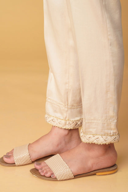 Embellished Cotton Satin Pants - Beige
