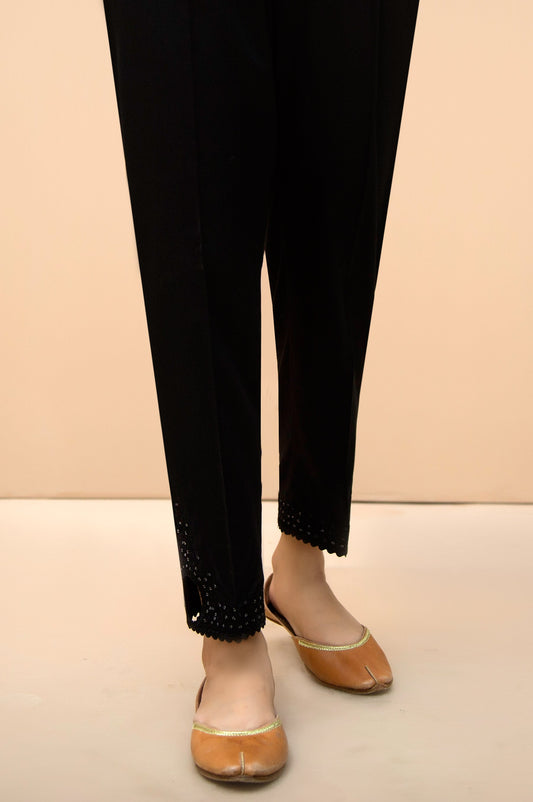 Embroidered Cotton Satin Cigarette Pant - Black