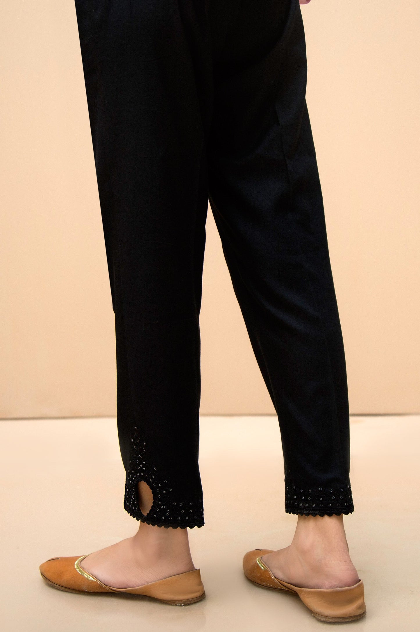 Embroidered Cotton Satin Cigarette Pant - Black