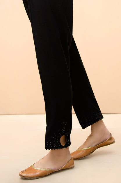 Embroidered Cotton Satin Cigarette Pant - Black