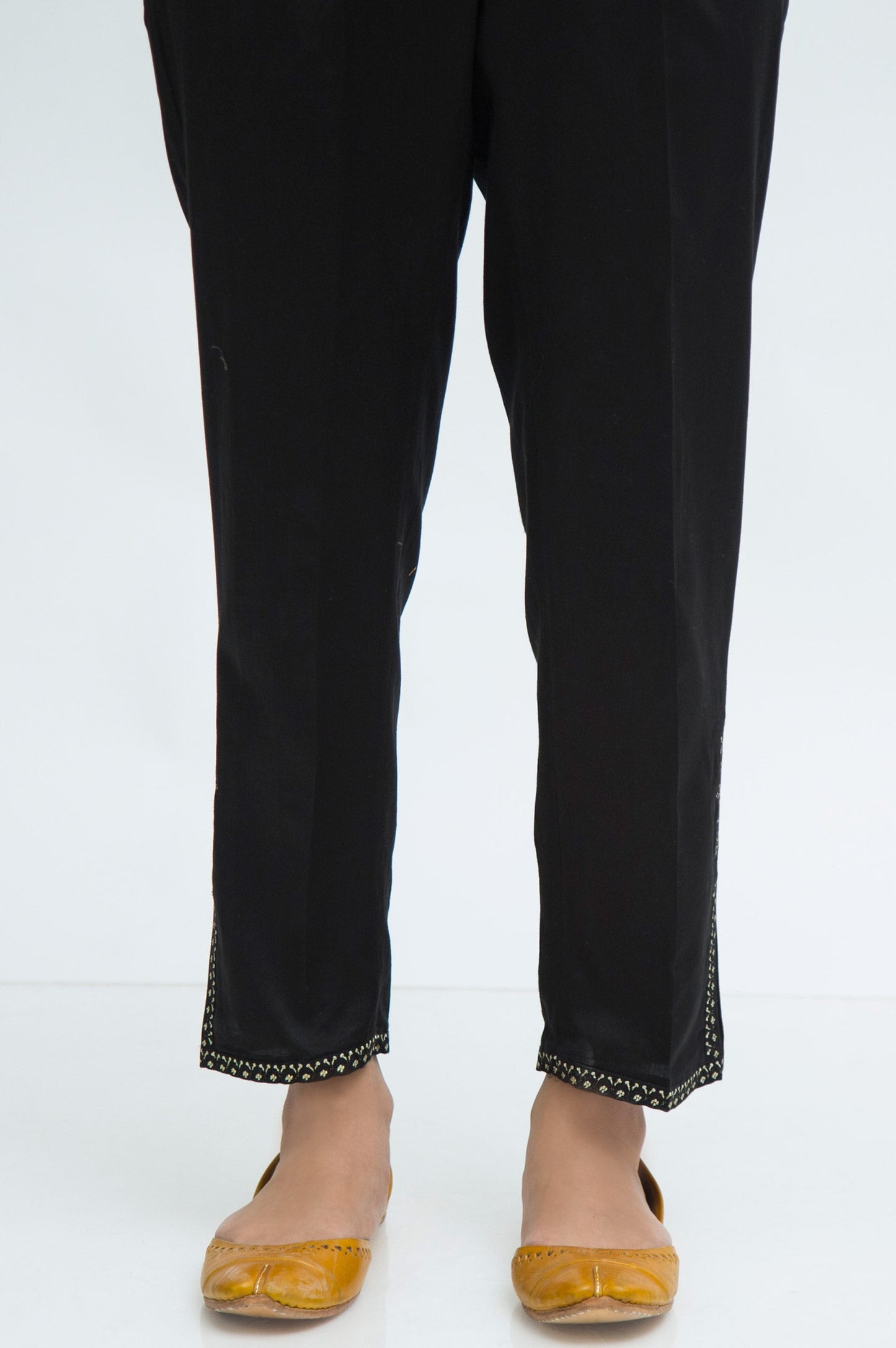 Embroidered Cotton Satin Cigarette Pant - Black