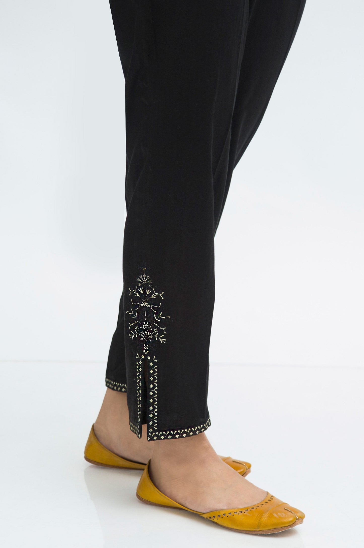 Embroidered Cotton Satin Cigarette Pant - Black