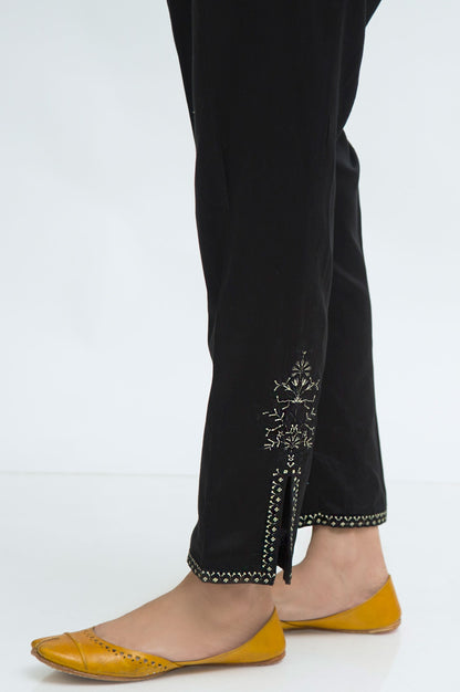 Embroidered Cotton Satin Cigarette Pant - Black