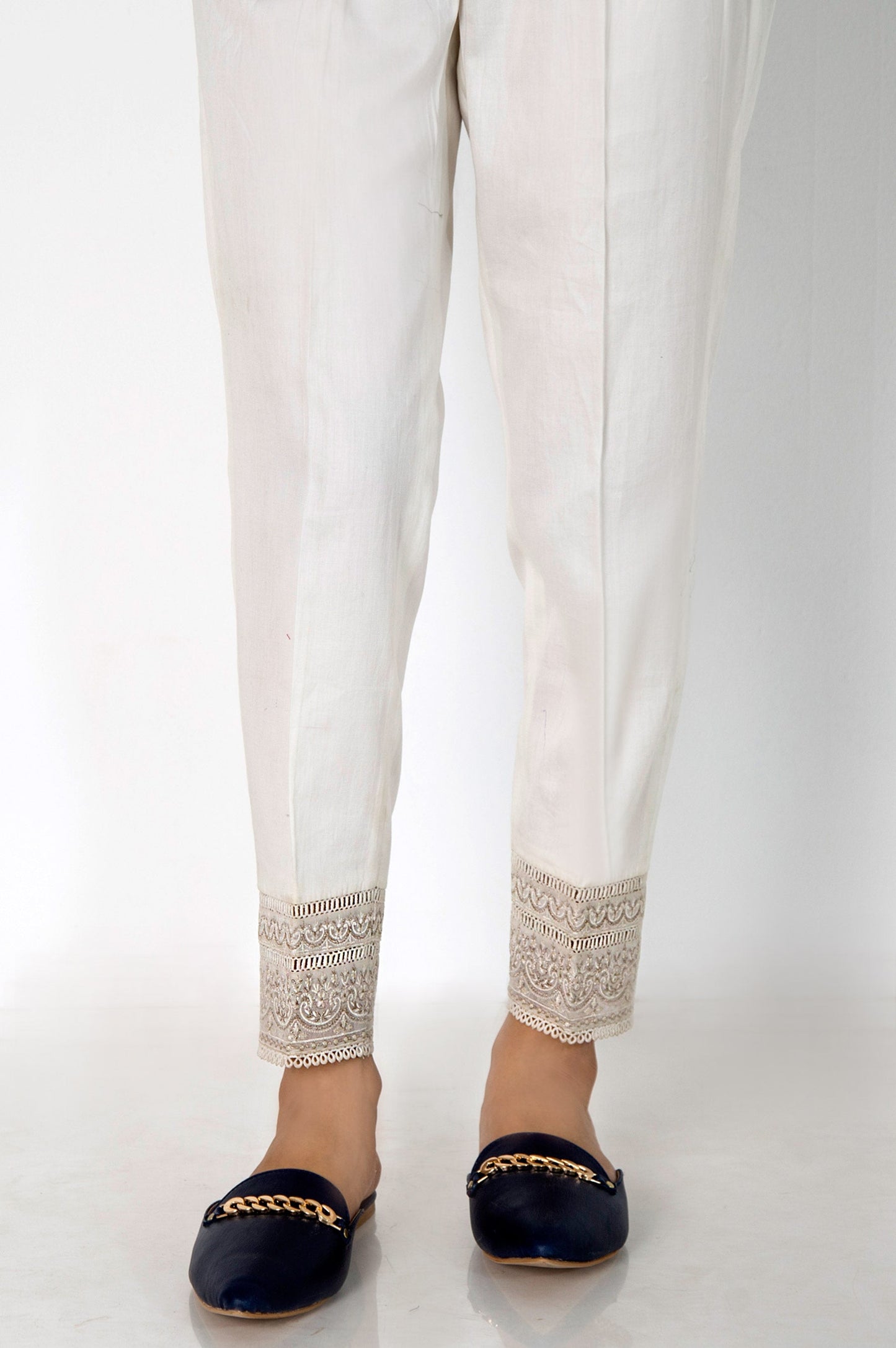 Embroidered Cotton Satin Cigarette Pants - White