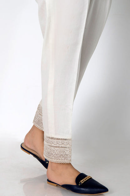 Embroidered Cotton Satin Cigarette Pants - White
