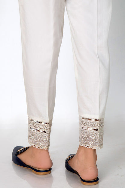 Embroidered Cotton Satin Cigarette Pants - White