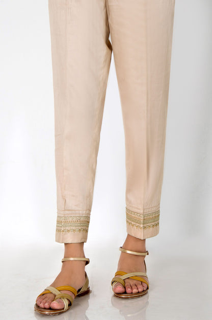 Embroidered Cotton Satin Cigarette Pants - Beige