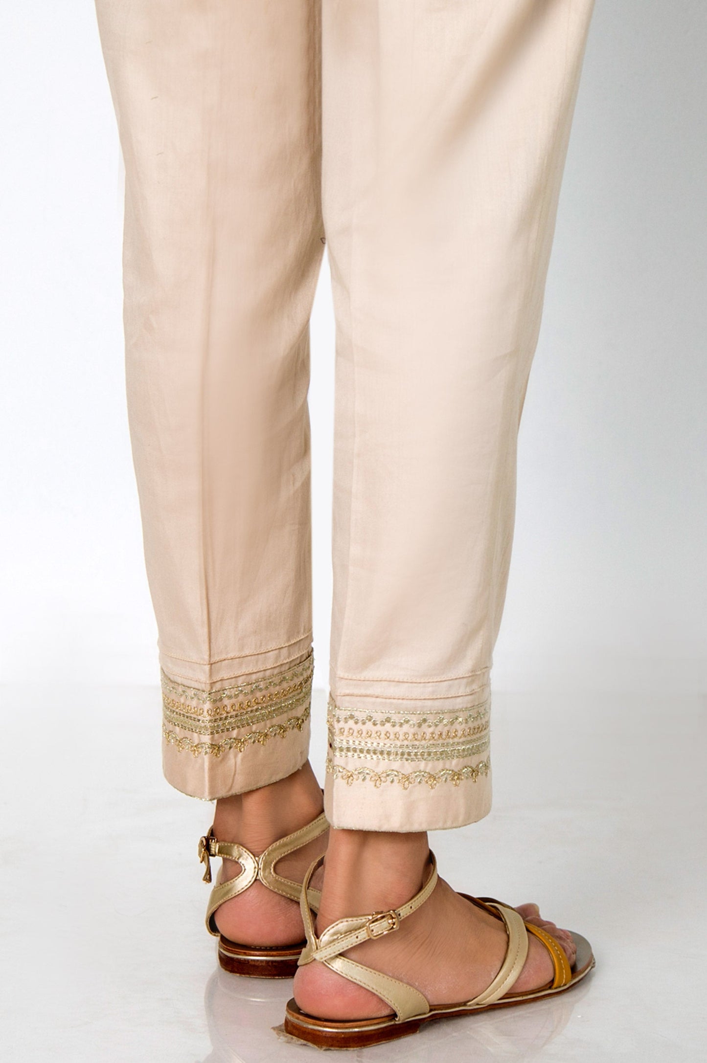 Embroidered Cotton Satin Cigarette Pants - Beige
