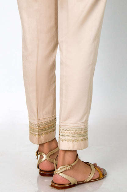 Embroidered Cotton Satin Cigarette Pants - Beige