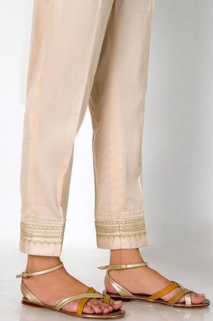 Embroidered Cotton Satin Cigarette Pants - Beige