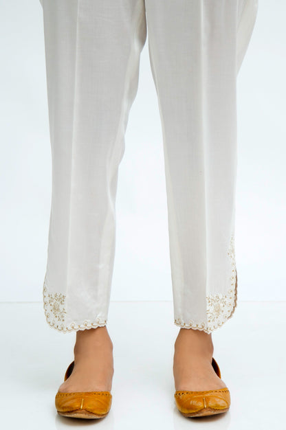 Embroidered Cotton Satin Cigarette Pants - White