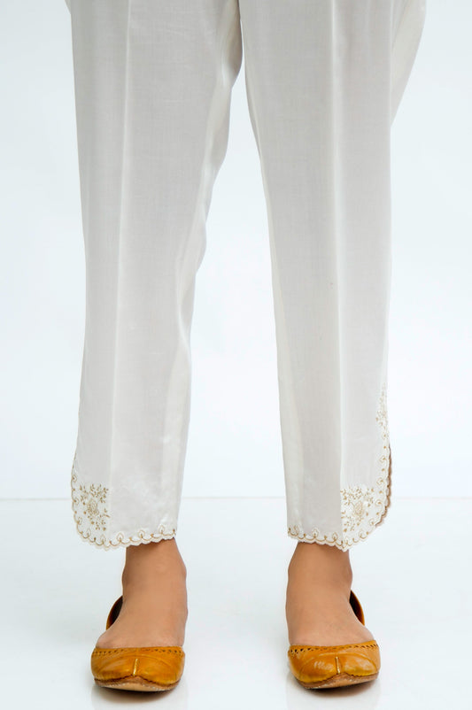 Embroidered Cotton Satin Cigarette Pants - White