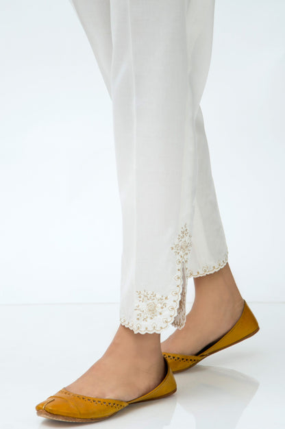 Embroidered Cotton Satin Cigarette Pants - White