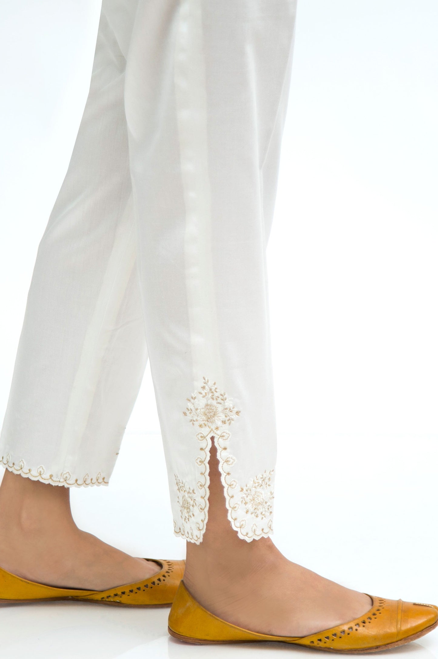 Embroidered Cotton Satin Cigarette Pants - White