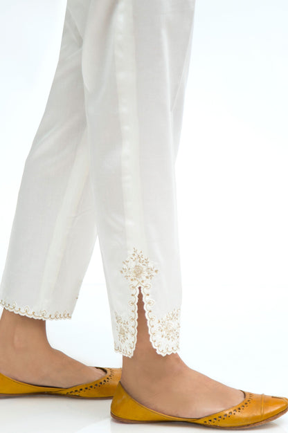 Embroidered Cotton Satin Cigarette Pants - White