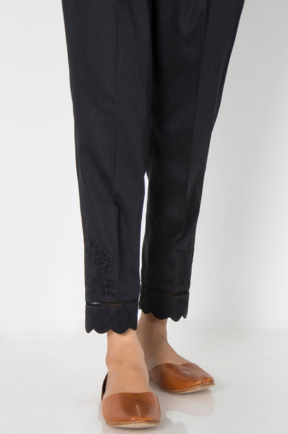 Embroidered Cotton Satin Cigarette Pants  - Black