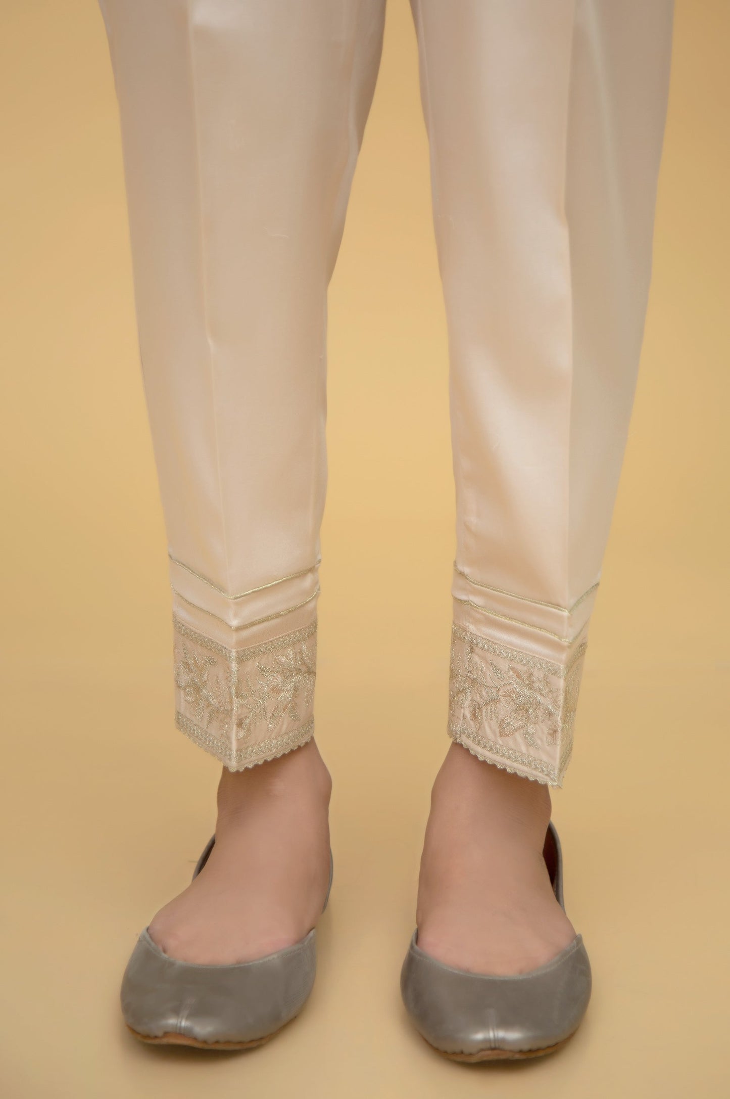 Embroidered Cotton Satin Ciggerate Pants - Beige