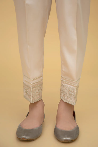 Embroidered Cotton Satin Ciggerate Pants - Beige