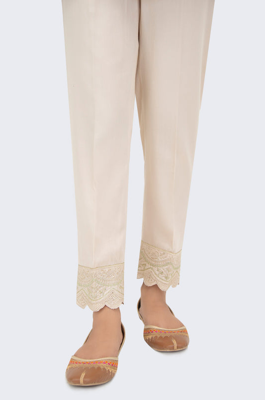 Embroidered Cotton Satin Cigarette Pants - Beige