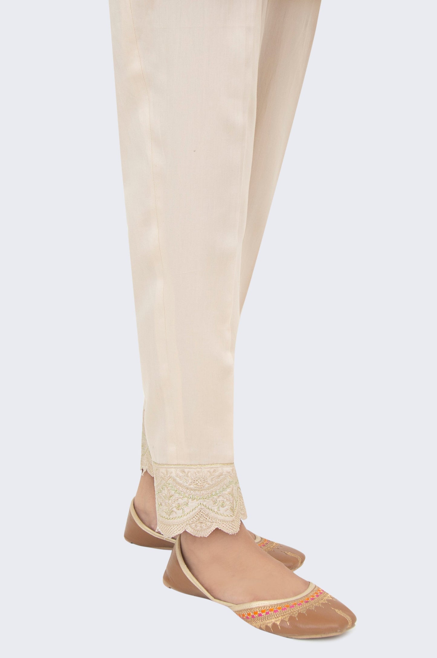 Embroidered Cotton Satin Cigarette Pants - Beige