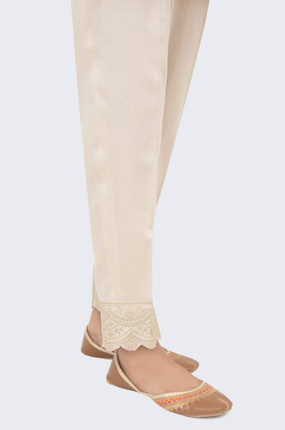 Embroidered Cotton Satin Cigarette Pants - Beige