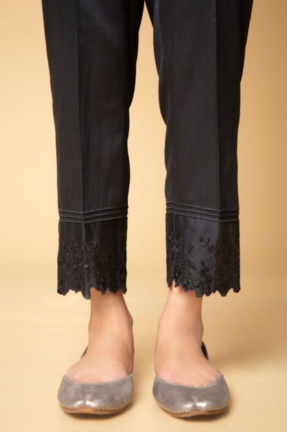 Embroidered Cotton Satin Pants - Black