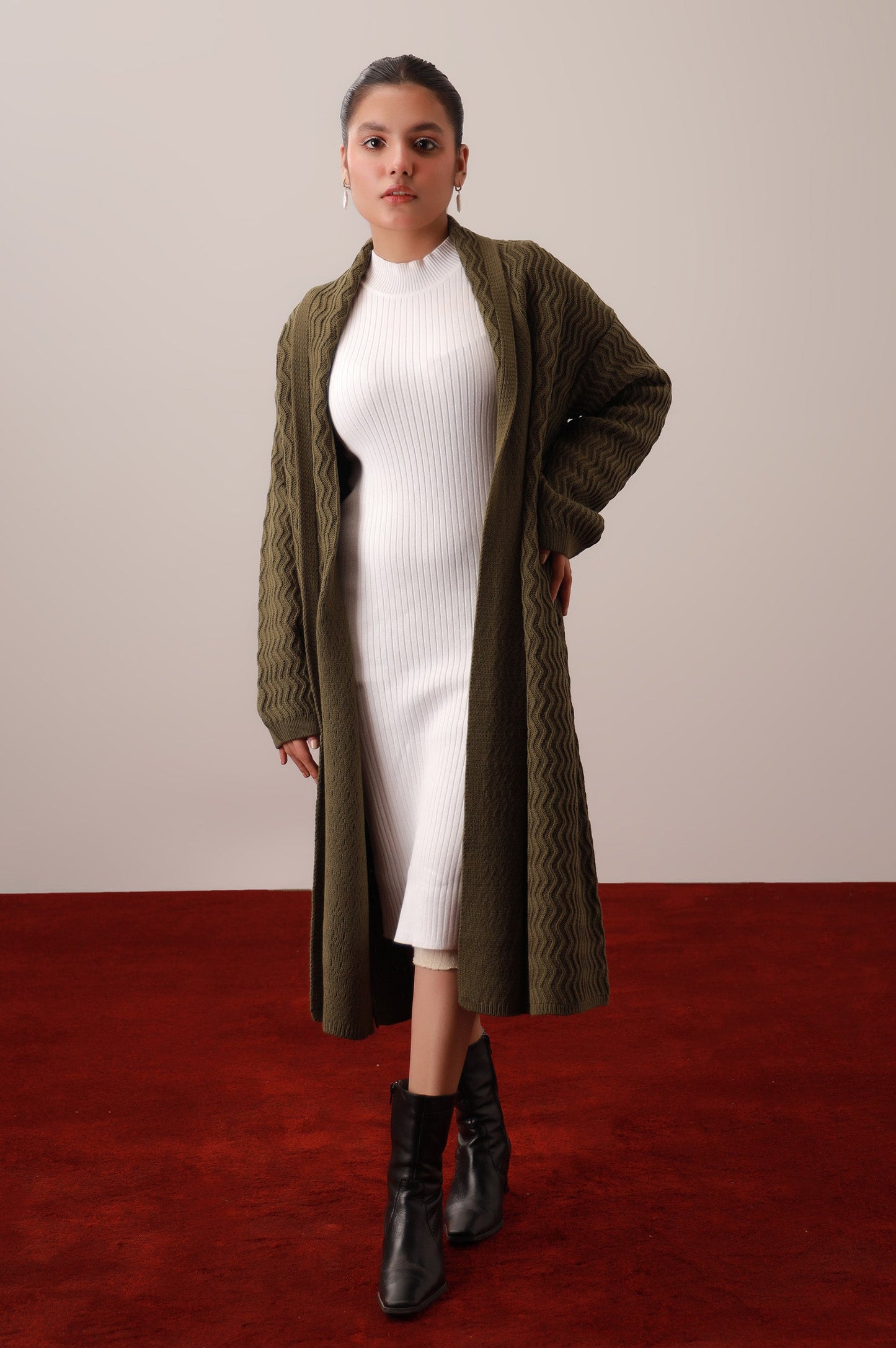 Long Front Open Cardigan - Green