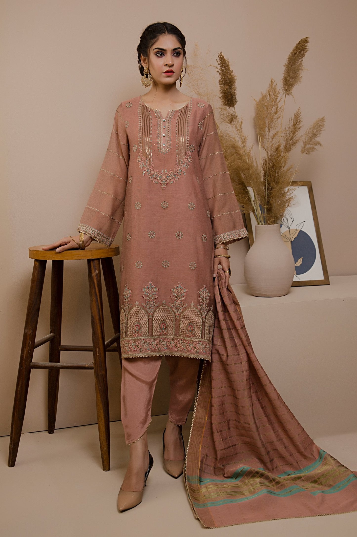 3 Piece Unstitched Khaddi Net Suit with Khaddi Net Jacquard Dupatta