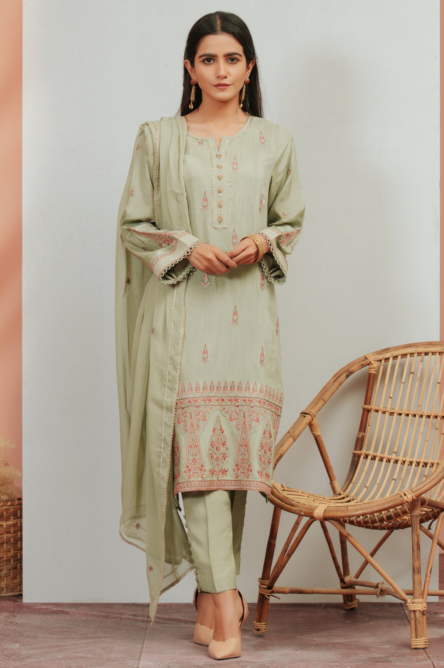 3 Piece Unstitched Embroidered Raw Silk Suit With Chiffon Dupatta