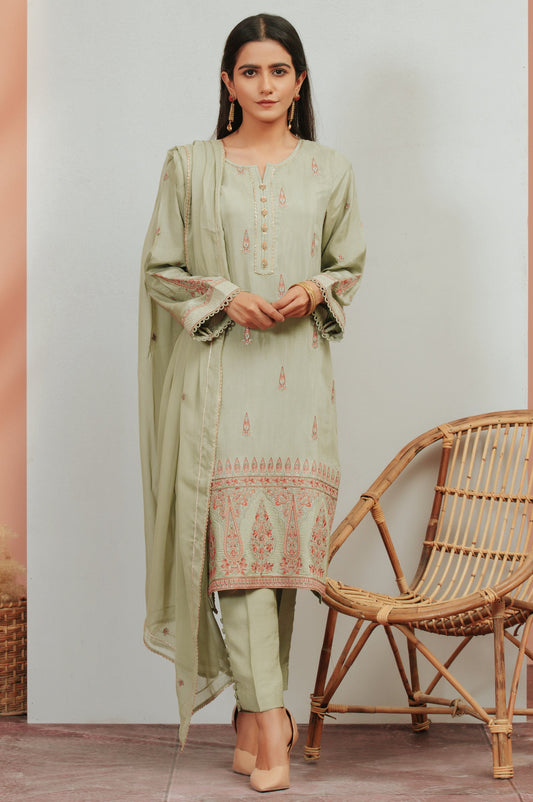 3 Piece Unstitched Embroidered Raw Silk Suit With Chiffon Dupatta
