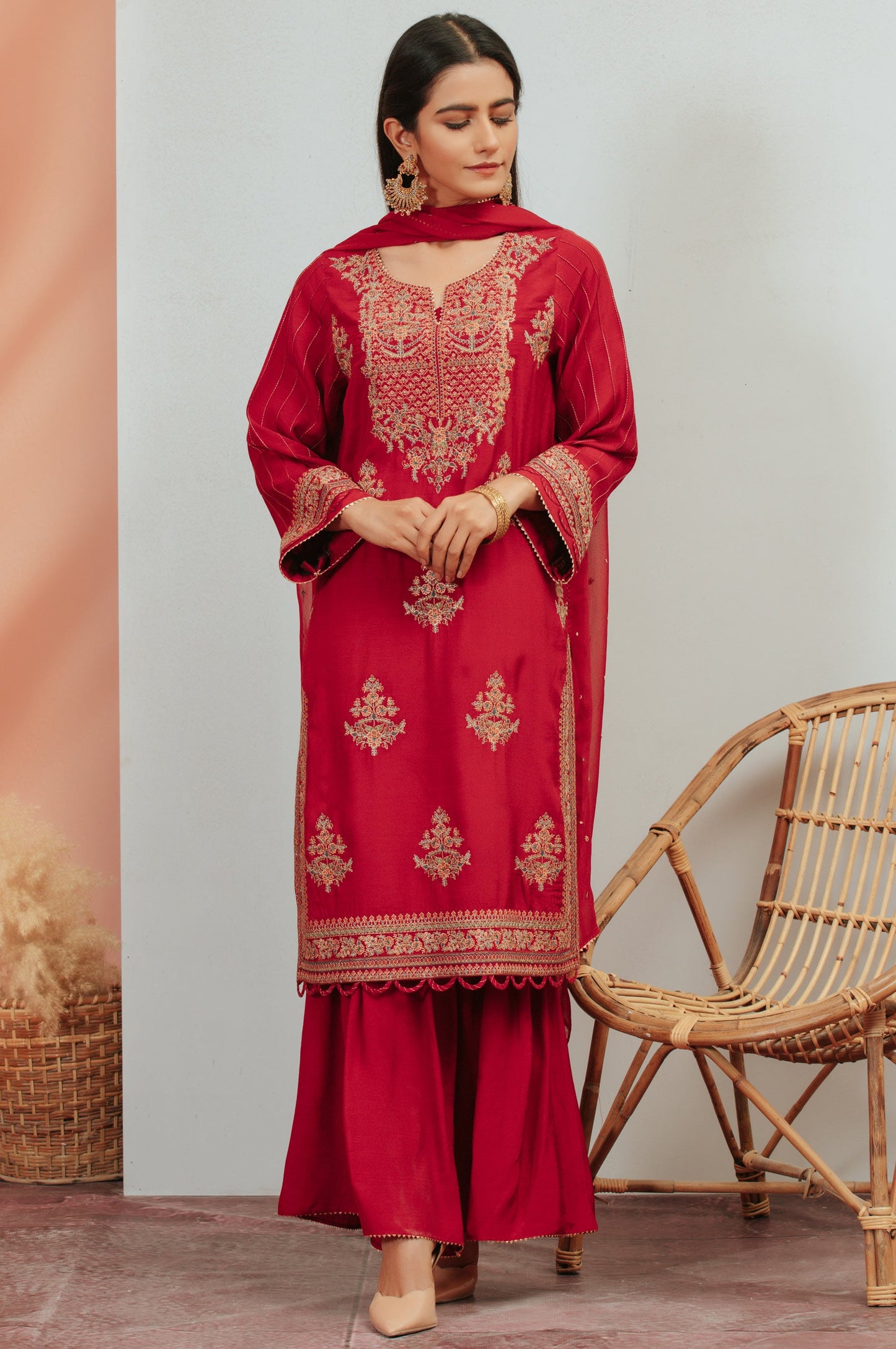 3 Piece Unstitched Embroidered Raw Silk Suit With Chiffon Dupatta