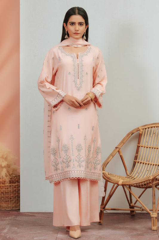 3 Piece Unstitched Embroidered Raw Silk Suit With Chiffon Dupatta