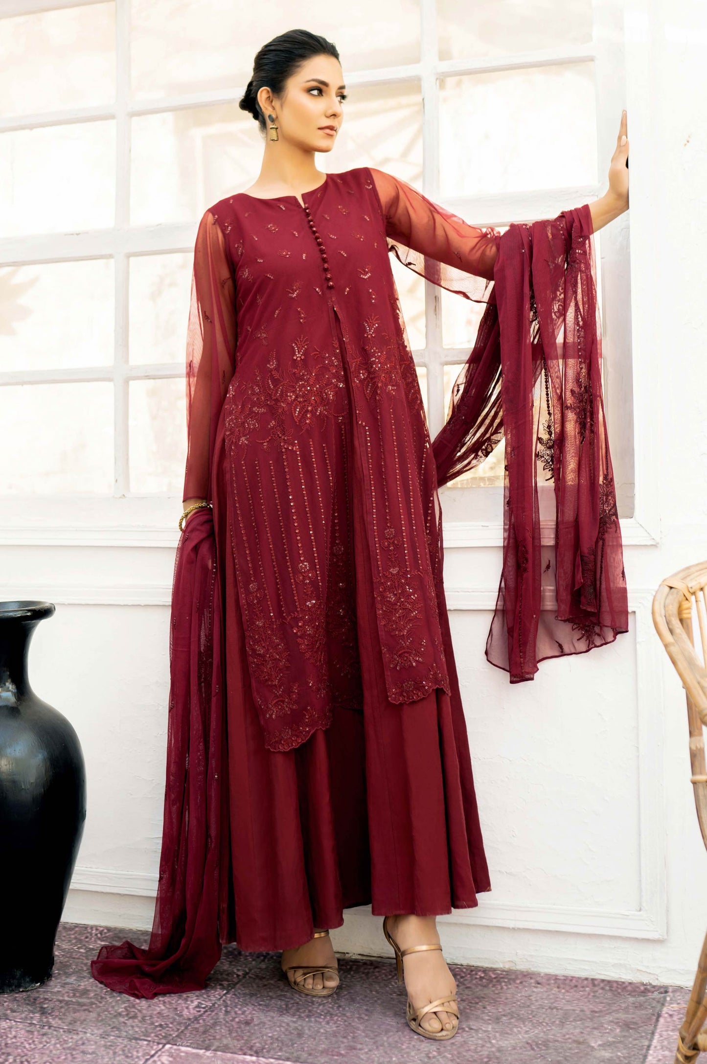 3 Piece Unstitched Embroidered Net Suit