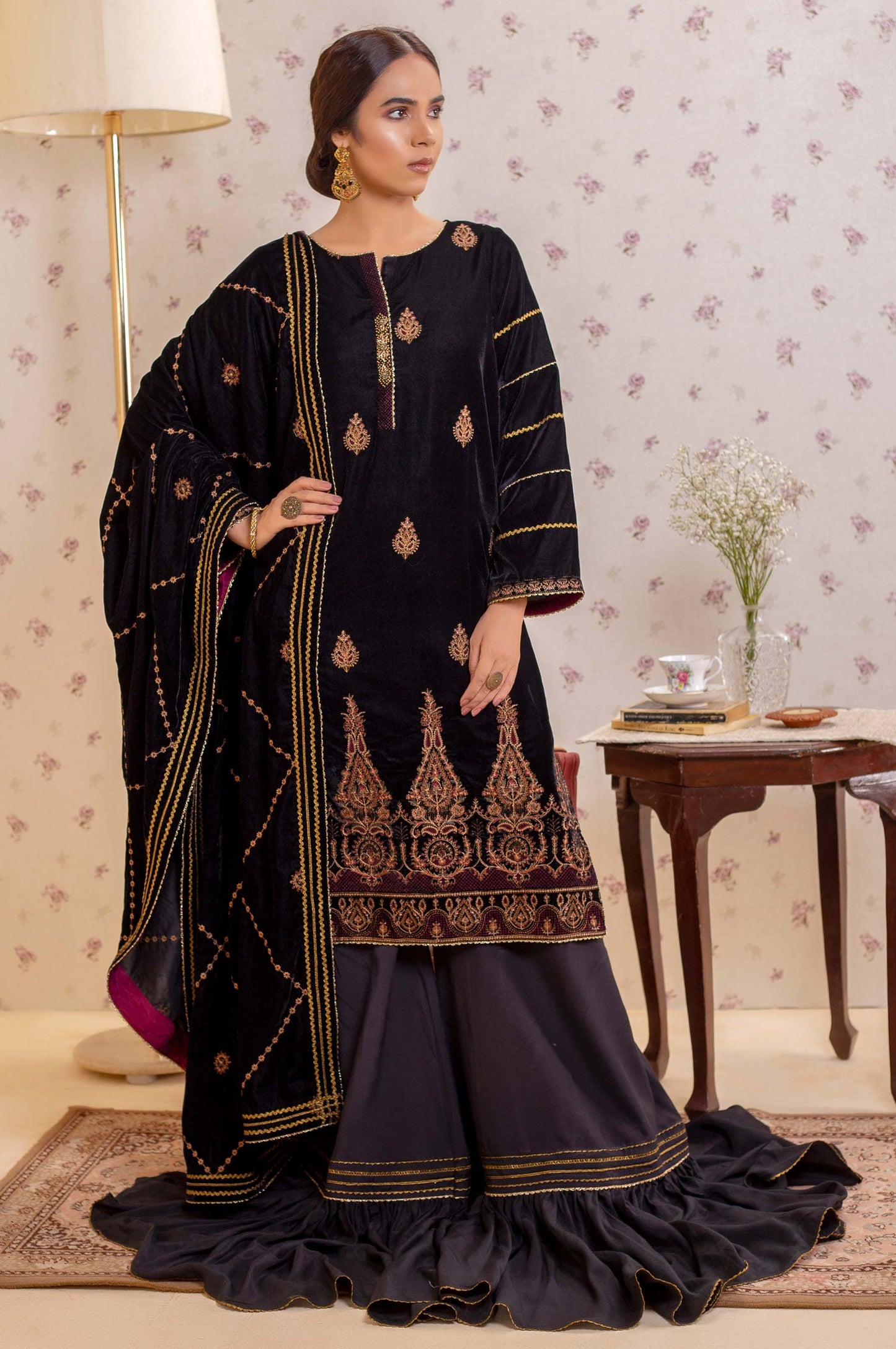 3 Piece Unstitched Embroidered Velvet Suit