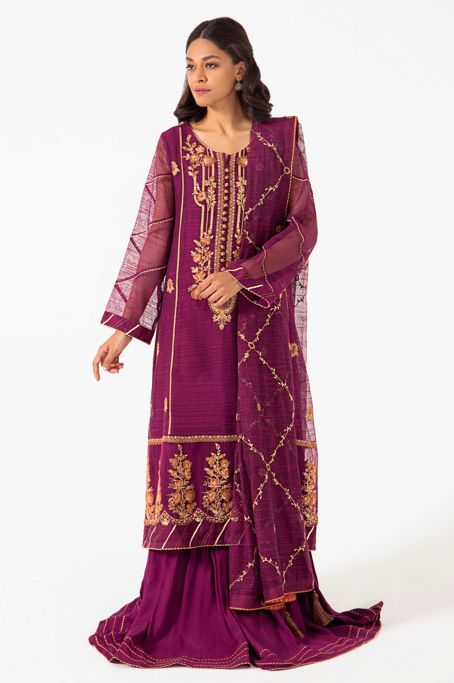 3 piece Unstitched Embroidered Slub Khaddi Net Suit