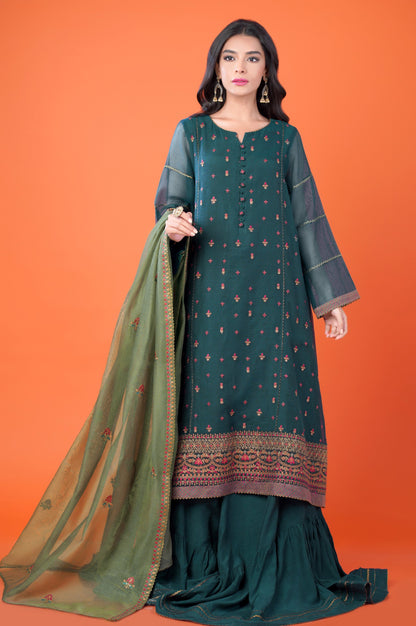 3 Pieces Unstitched Embroidered Khadi Net Suit