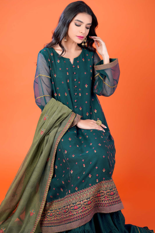 3 Pieces Unstitched Embroidered Khadi Net Suit