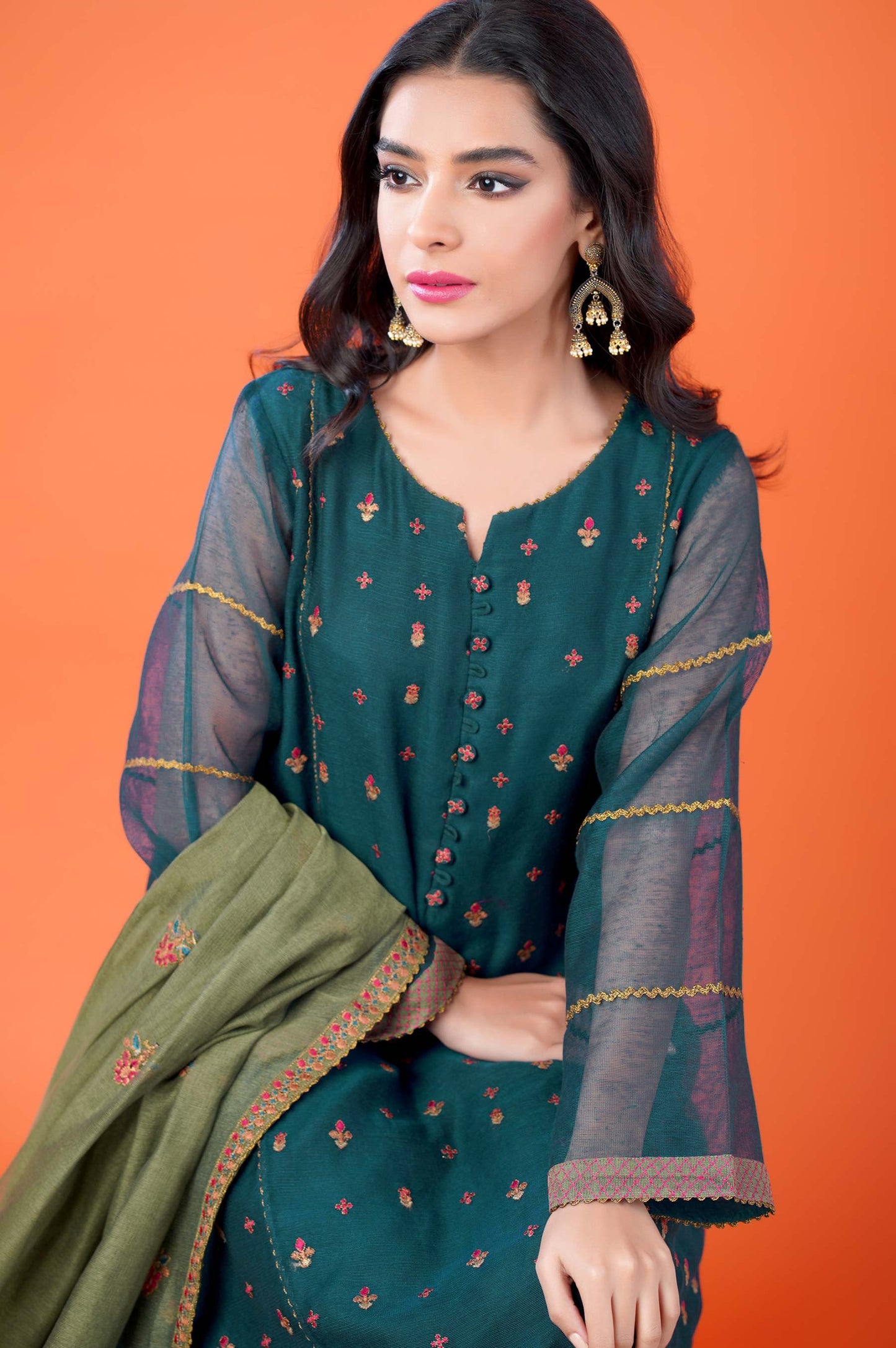 3 Pieces Unstitched Embroidered Khadi Net Suit