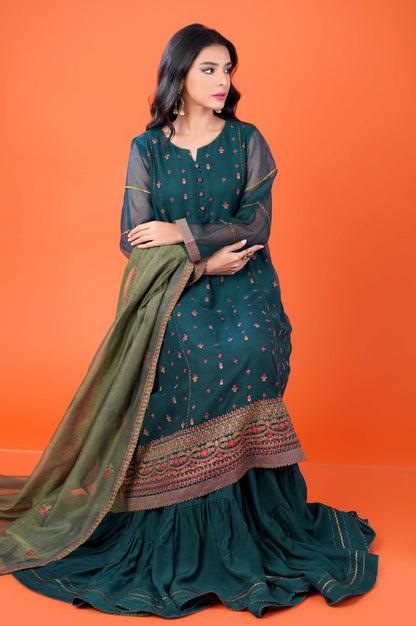 3 Pieces Unstitched Embroidered Khadi Net Suit