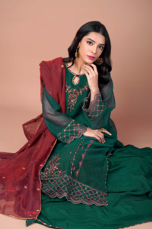 3 Pieces Unstitched Embroidered Khadi Net Suit